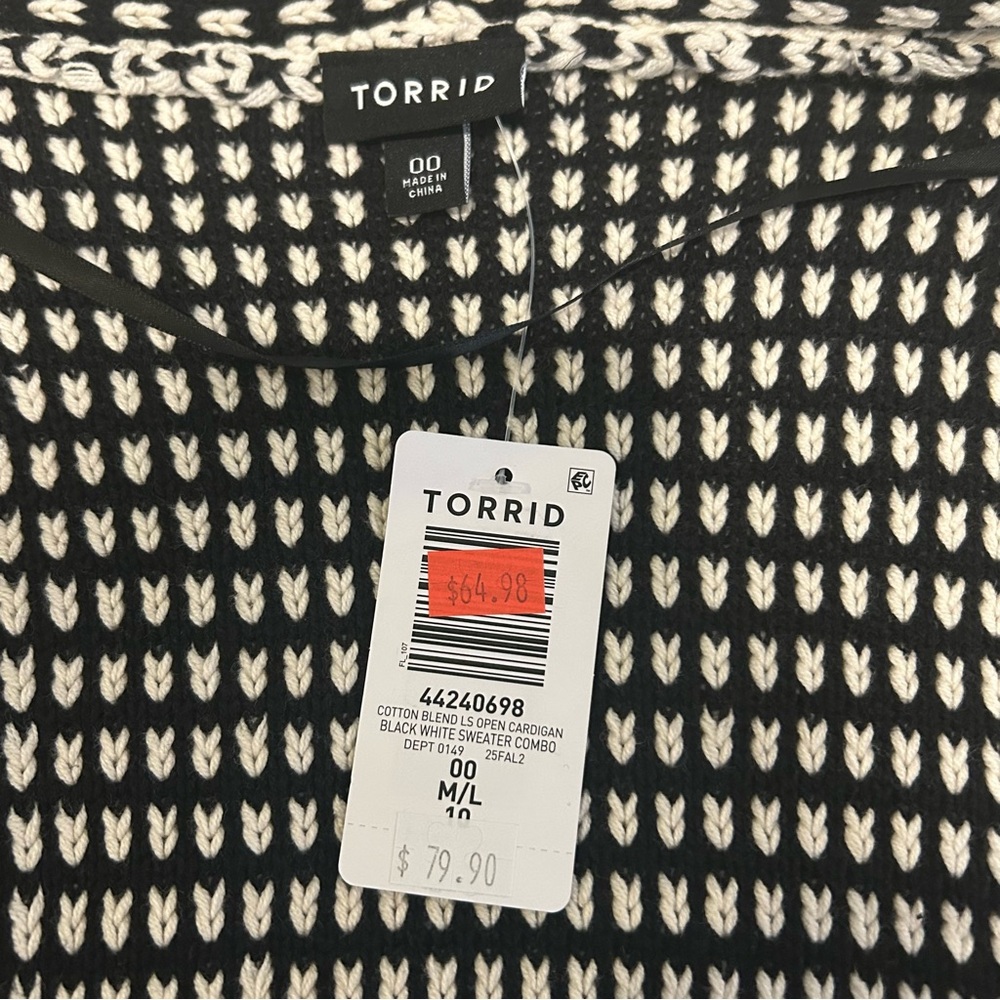 Torrid Black & White Long Sleeve Open-Front Cardigan NWT Size L/00/10 - Picture 7 of 12